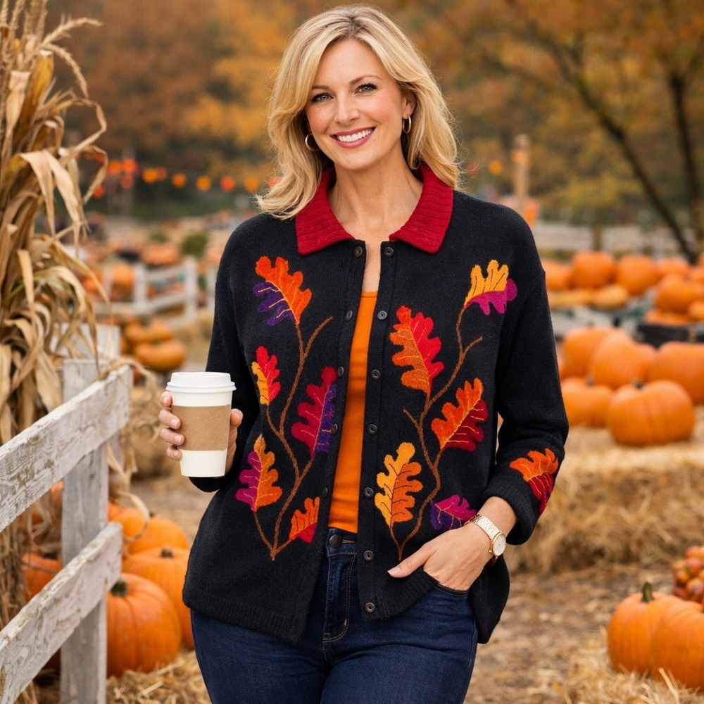 Design Options Cottage Fall Cardigan Sweater Womens XL Black Leaves Art-to-Wear